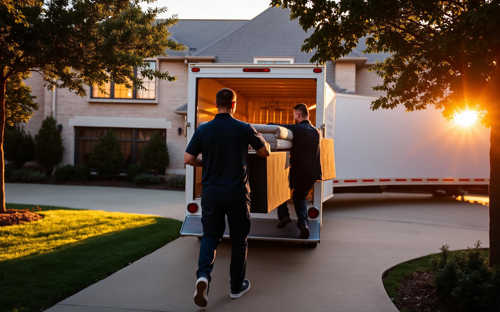 Professional Plano moving crew loading a modern home at golden hour