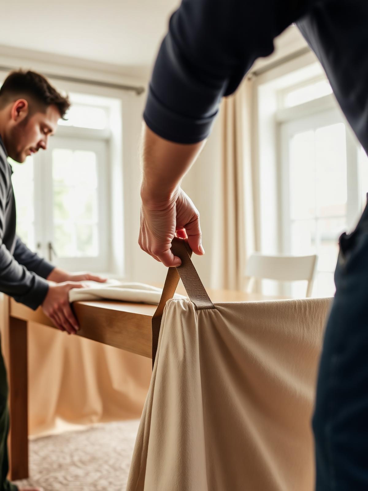 Plano movers carefully wrapping furniture inside a modern home
